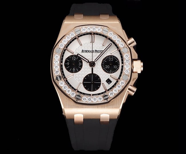 顶级爱彼复刻表Audemars Piguet 皇家橡树玫瑰金色壳女款多功能计时机械腕表正面图