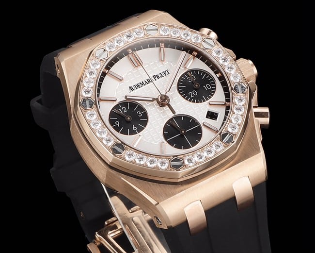 顶级爱彼复刻表Audemars Piguet 皇家橡树玫瑰金色壳女款多功能计时机械腕表正面图