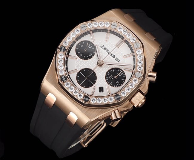顶级爱彼复刻表Audemars Piguet 皇家橡树玫瑰金色壳女款多功能计时机械腕表正面图