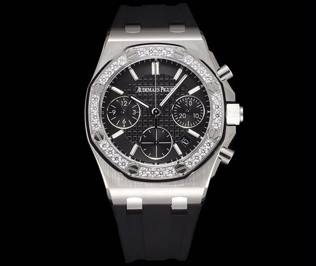 顶级复刻表爱彼Audemars Piguet 皇家橡树女款多功能计时黑盘机械腕表正面图