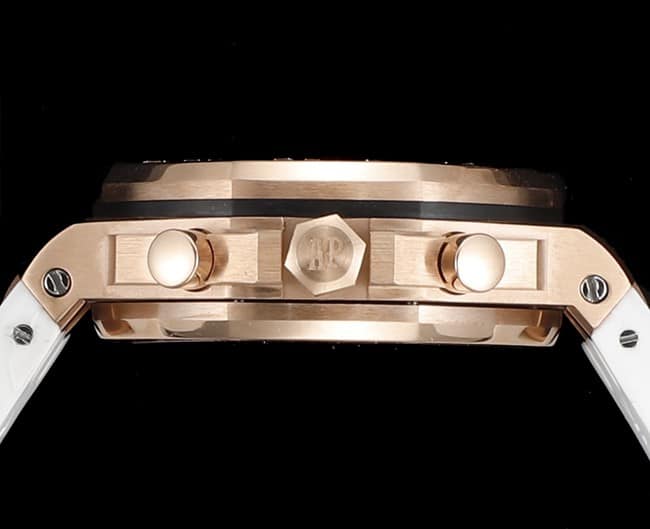顶级复刻表爱彼Audemars Piguet 皇家橡树女款多功能计时白盘机械腕表侧面图