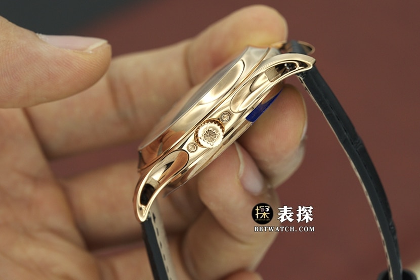 GR厂复杂功能百达翡丽1:1复刻手表橄榄绿盘玫瑰金皮带款5205R-011侧面实拍图