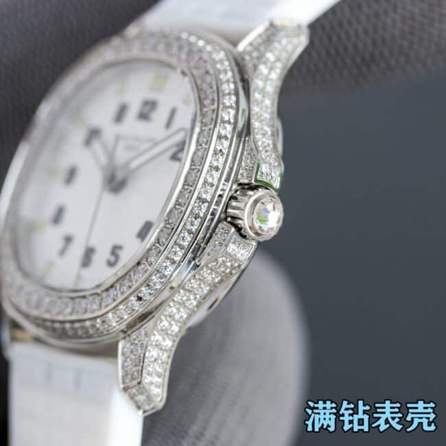 大厂精仿TW推出百达翡丽女装机械系列满钻白盘腕表侧面图