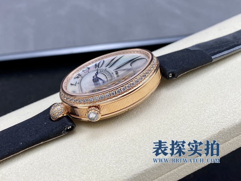 那不勒斯皇后宝玑1:1复刻手表天然贝母盘玫瑰金镶钻绢丝表带8928BR/5W/844 DD0D侧面图