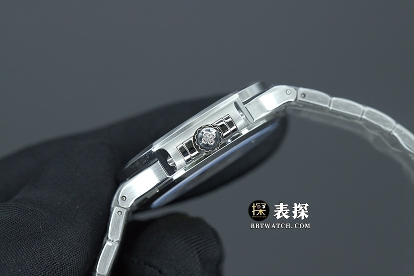 3K厂百达翡丽运动优雅PP8318一比一超A高仿手表女士鹦鹉螺白盘钢带款图片及价格侧面实拍图