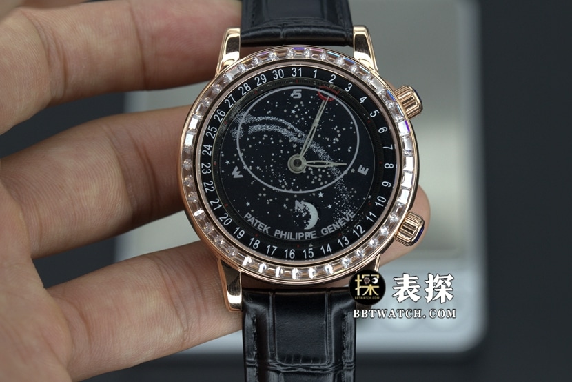 YL厂百达翡丽超级复杂功能时计顶级一比一高仿手表星空黑盘皮带款图片及价格正面实拍图