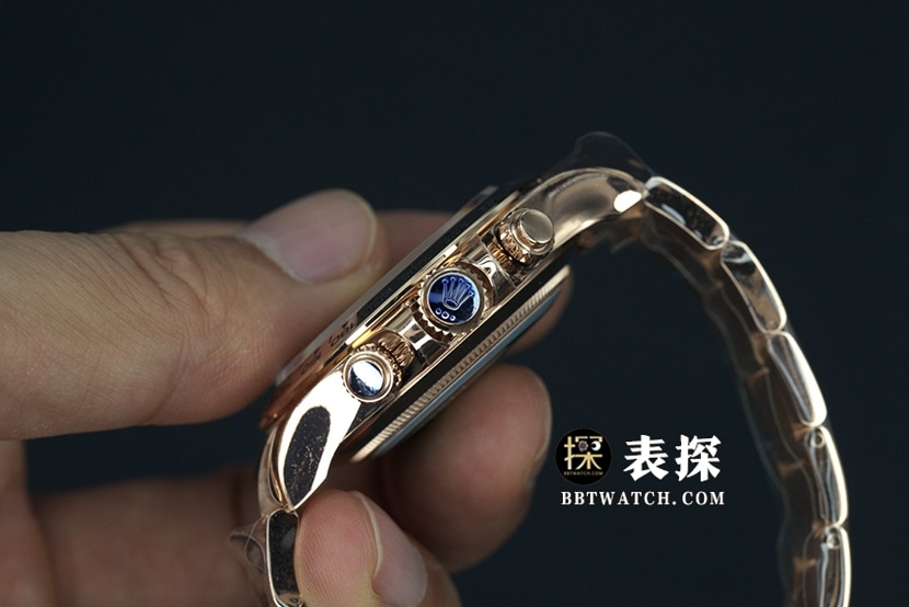 BT厂劳力士迪通拿超A精仿手表男士玫瑰金钢带款图片及价格侧面实拍图