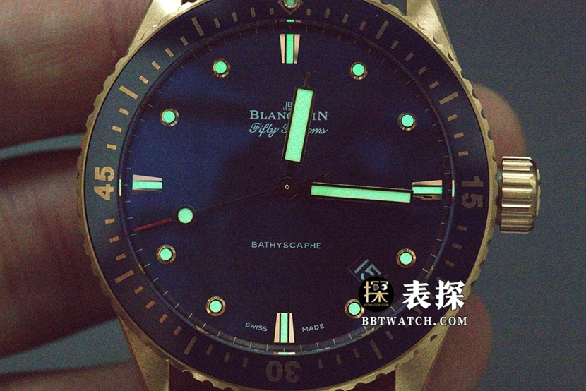 宝珀五十噚顶级复刻手表男士蓝盘金针皮带款图片及价格夜光实拍图