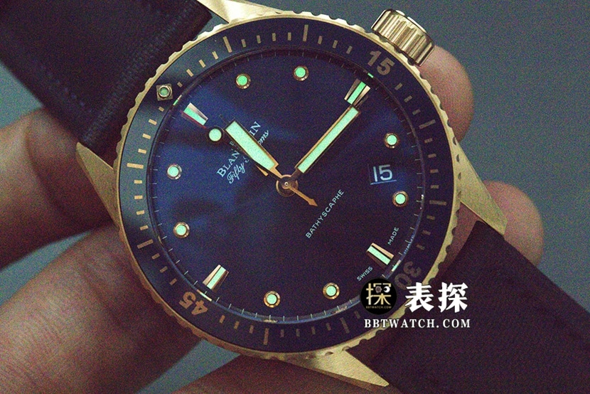 宝珀五十噚顶级复刻手表男士蓝盘金针皮带款图片及价格夜光实拍图