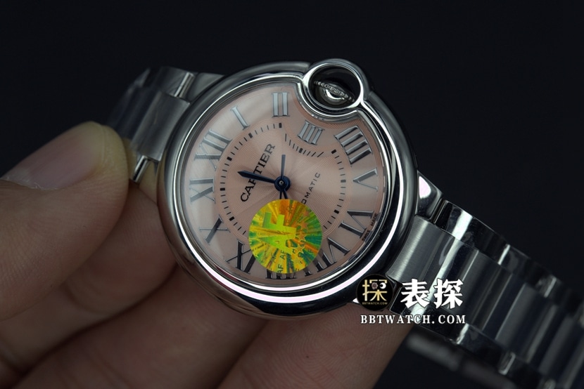 AF厂卡地亚蓝气球顶级一比一高仿手表女士粉盘蓝针钢带款图片及价格正面实拍图