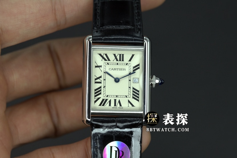 DR厂卡地亚坦克顶级一比一高仿手表女士白盘蓝针皮带款图片及价格正面实拍图