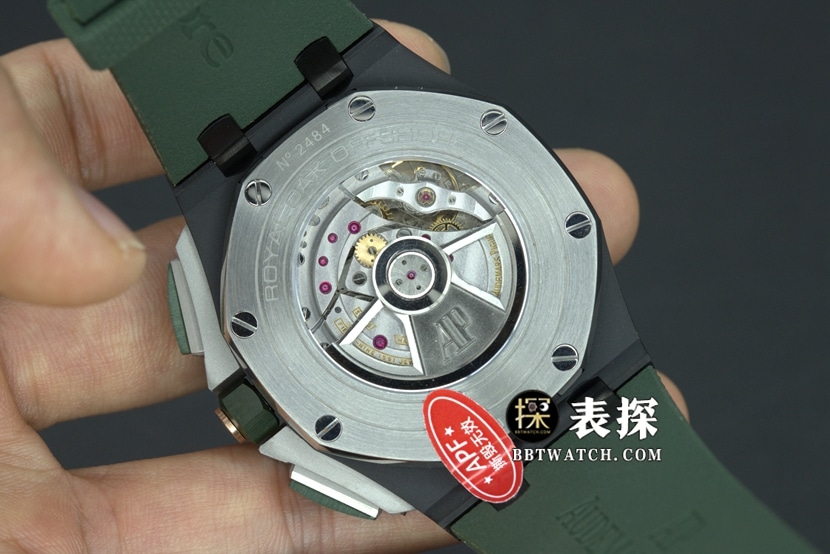 APF厂爱彼皇家橡树离岸型26405一比一顶级复刻手表男士彩色陶瓷绿盘橡胶款图片及价格背面实拍图