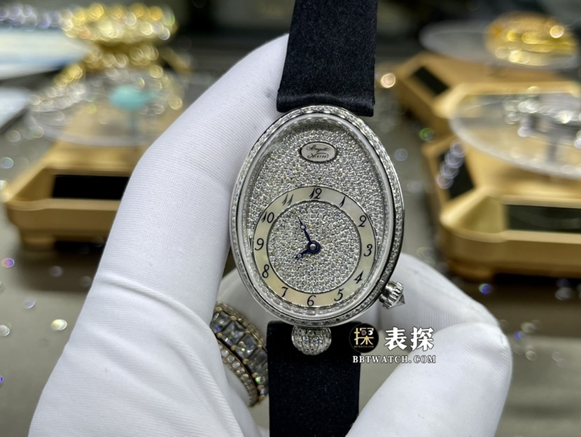 宝玑那不勒斯王后真金真钻定制顶级一比一精仿手表女士椭圆形镶钻盘皮带款正面实拍图
