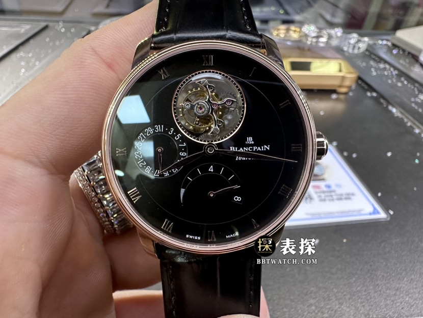 宝珀经典真金真钻定制一比一超A高仿手表男士黑盘陀飞轮皮带款正面实拍图