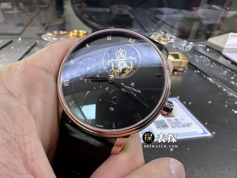 宝珀经典真金真钻定制一比一超A高仿手表男士黑盘陀飞轮皮带款正面实拍图