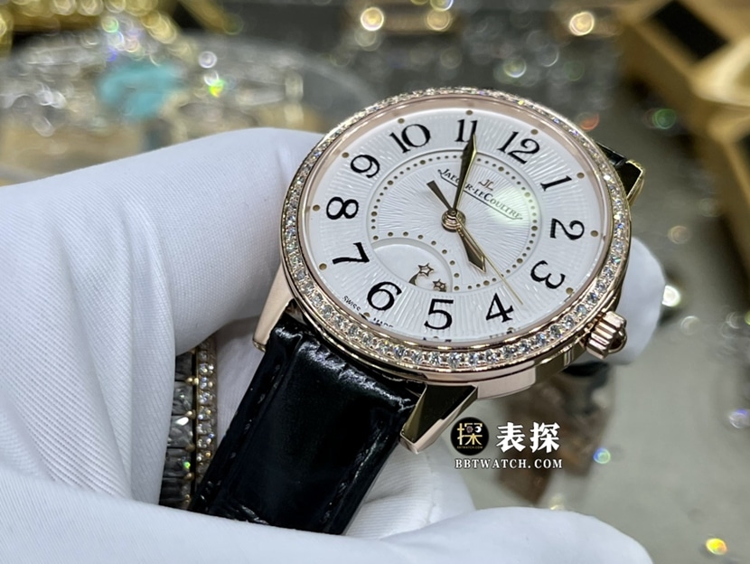 积家约会真金真钻定制顶级一比一高仿手表女士玫瑰金盘皮带款正面实拍图