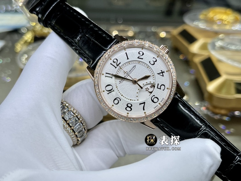 积家约会真金真钻定制顶级一比一高仿手表女士玫瑰金盘皮带款正面实拍图