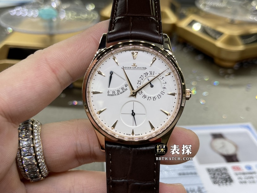 积家大师真金真钻定制一比一超A高仿手表男士蛋壳黄盘皮带款正面实拍图