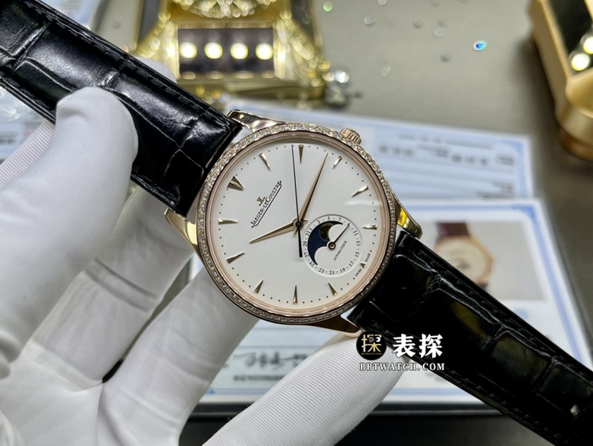 积家大师真金真钻定制超A高仿手表男士米色玫瑰金盘皮带款正面实拍图