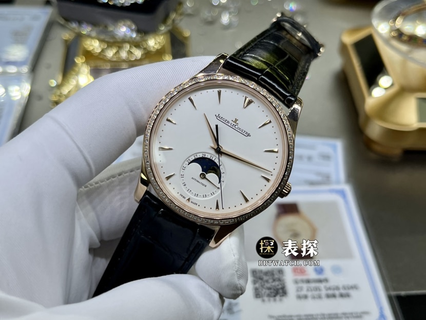 积家大师真金真钻定制超A高仿手表男士米色玫瑰金盘皮带款正面实拍图