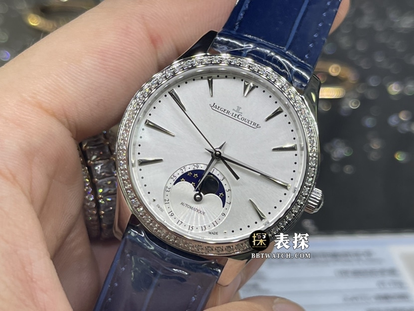 积家大师真金真钻定制一比一顶级复刻手表女士银灰盘镶钻皮带款正面实拍图