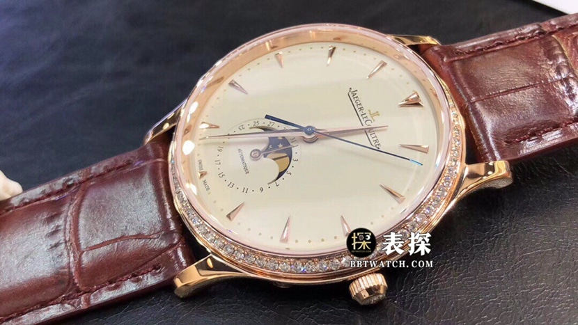 JL积家大师真金真钻定制顶级一比一高仿手表男士蛋壳黄玫瑰金盘月相皮带款正面实拍图