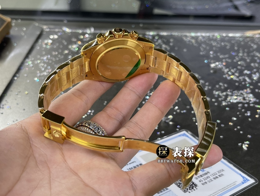 劳力士宇宙计型迪通拿真金真钻定制超A高仿手表男士绿金迪钢带款表扣实拍图