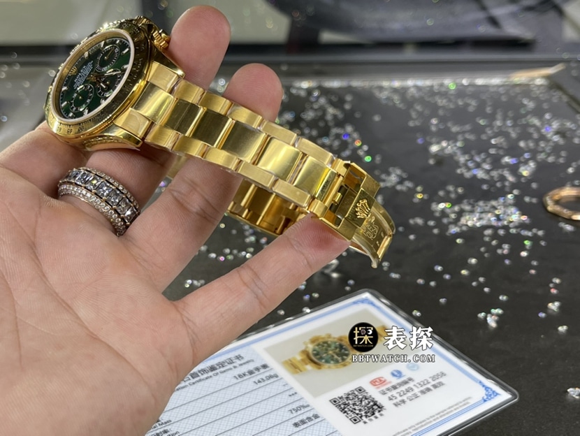 劳力士宇宙计型迪通拿真金真钻定制超A高仿手表男士绿金迪钢带款表带实拍图
