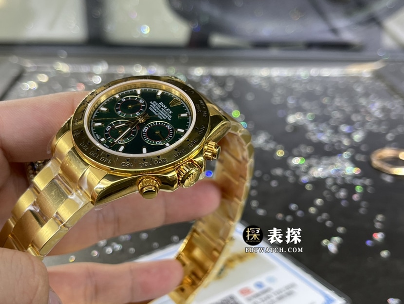 劳力士宇宙计型迪通拿真金真钻定制超A高仿手表男士绿金迪钢带款侧面实拍图