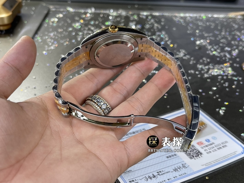 劳力士日志型真金真钻定制一比一顶级复刻手表男士香槟金盘间金钢带款表扣实拍图