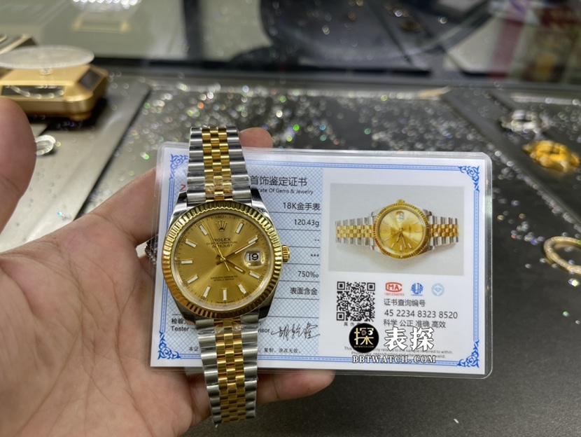 劳力士日志型真金真钻定制一比一顶级复刻手表男士香槟金盘间金钢带款正面实拍图