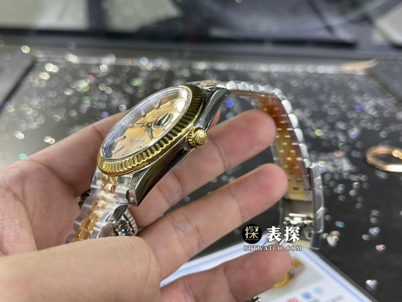 劳力士日志型真金真钻定制一比一顶级复刻手表男士香槟金盘间金钢带款侧面实拍图