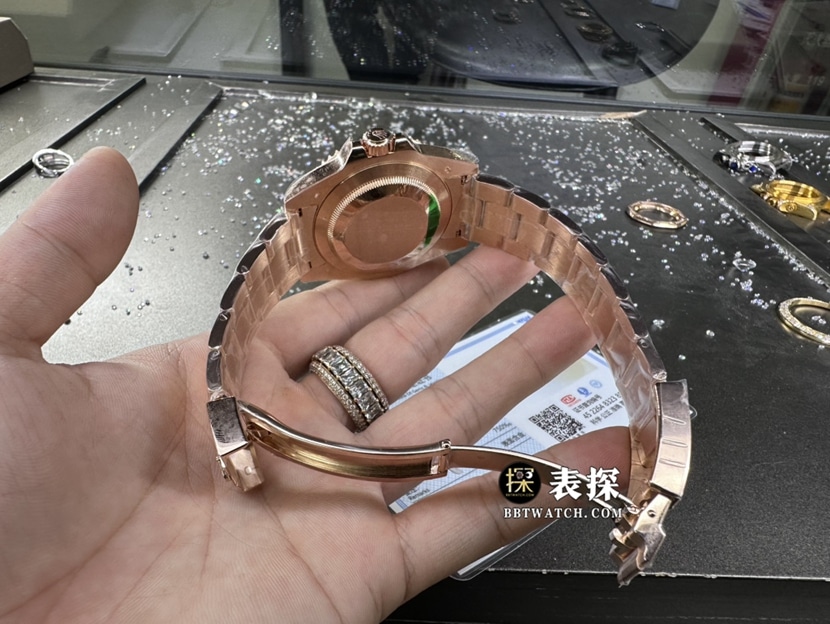 劳力士格林尼治型II真金真钻定制顶级一比一精仿手表男士黑盘钢带款表扣实拍图