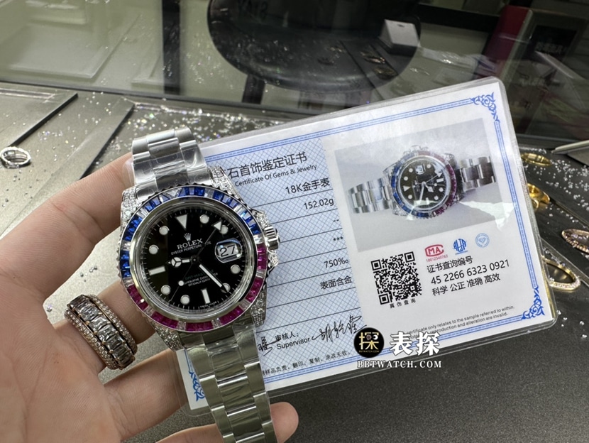 劳力士格林尼治型II真金真钻定制顶级复刻手表男士白金镶砖黑盘钢带款正面实拍图