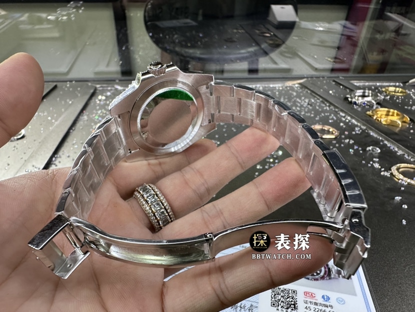 劳力士格林尼治型II真金真钻定制顶级复刻手表男士白金镶砖黑盘钢带款表扣实拍图