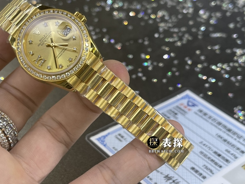 劳力士女装日志型顶级复刻手表女士香槟金盘钢带款表带实拍图