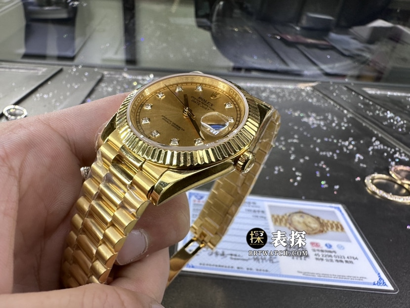 劳力士日志型真金真钻定制顶级一比一精仿手表女士香槟金盘钢带款侧面实拍图