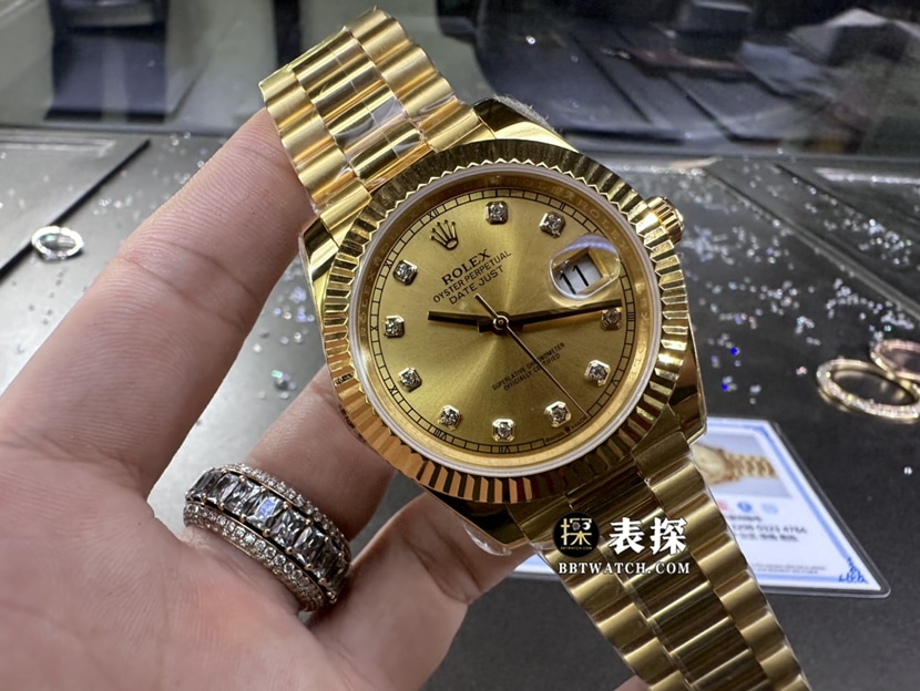 劳力士日志型真金真钻定制顶级一比一精仿手表女士香槟金盘钢带款正面实拍图