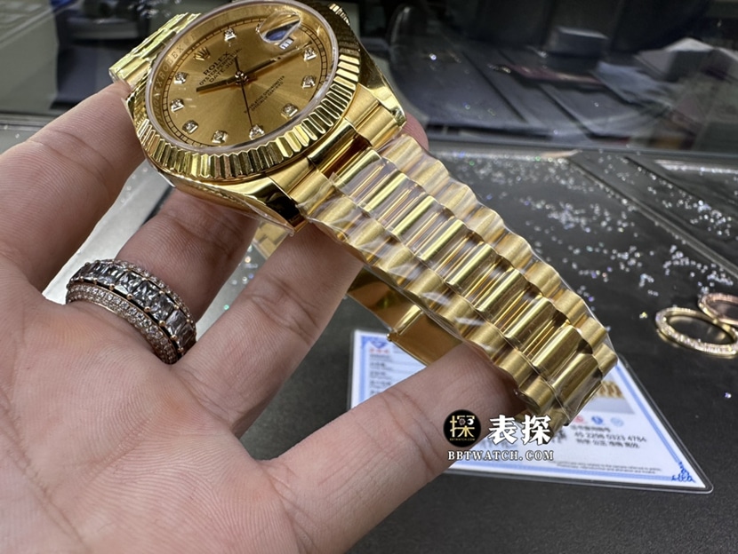 劳力士日志型真金真钻定制顶级一比一精仿手表女士香槟金盘钢带款表带实拍图
