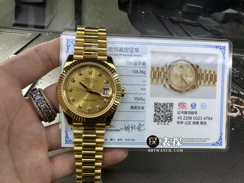 劳力士日志型真金真钻定制顶级一比一精仿手表女士香槟金盘钢带款正面实拍图