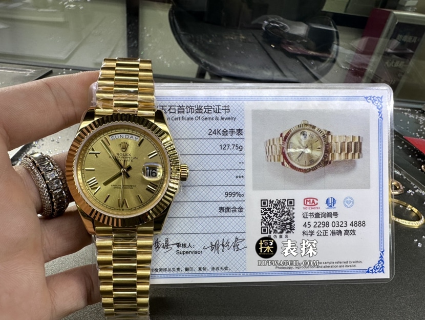 劳力士星期日历型真金真钻定制一比一超A高仿手表女士香槟金盘钢带款整体实拍图