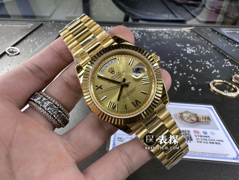 劳力士星期日历型真金真钻定制一比一超A高仿手表女士香槟金盘钢带款正面实拍图