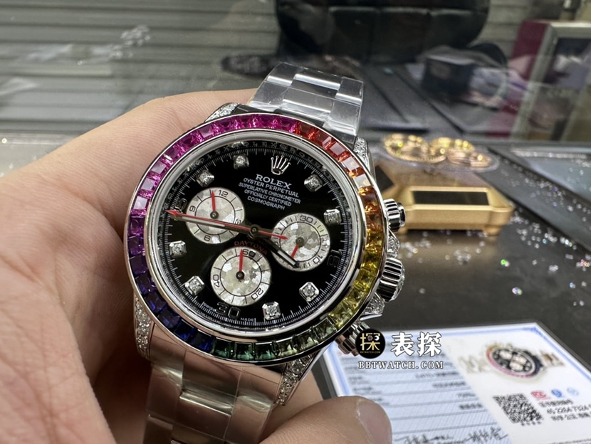 劳力士宇宙计型迪通拿真金真钻定制一比一顶级复刻手表男士彩虹圈镶钻钢带款正面实拍图