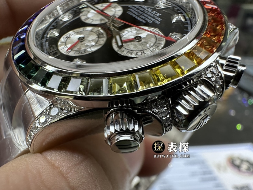 劳力士宇宙计型迪通拿真金真钻定制一比一顶级复刻手表男士彩虹圈镶钻钢带款侧面实拍图