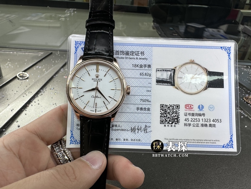 劳力士切利尼真金真钻定制顶级一比一精仿手表男士白盘皮带款整体实拍图