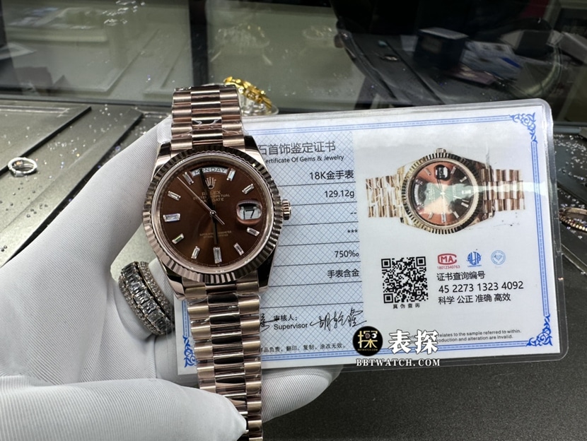 劳力士星期日历型真金真钻定制顶级复刻手表男士咖色盘钢带款整体实拍图