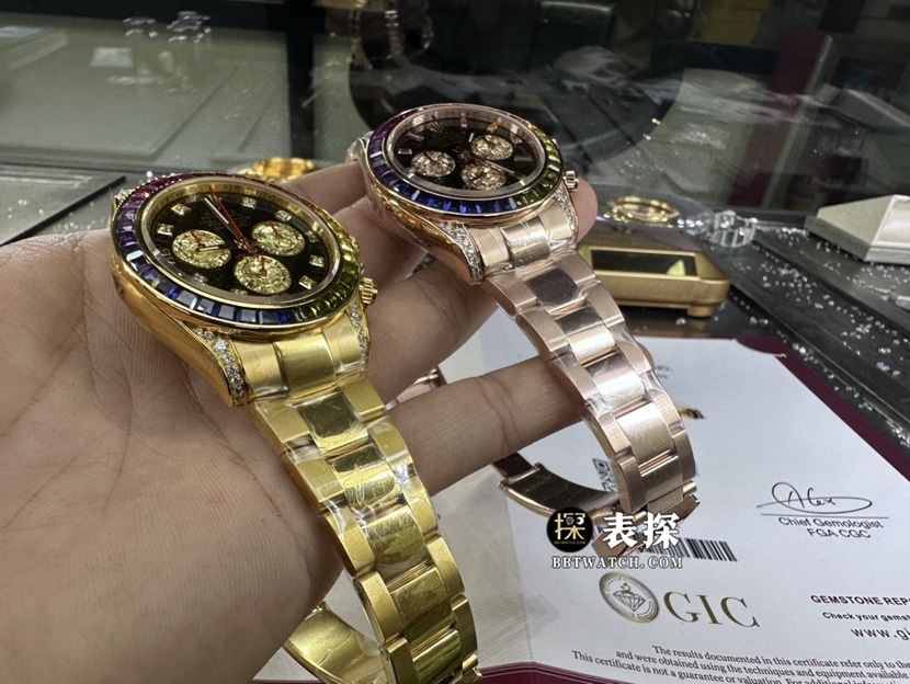 劳力士宇宙计型迪通拿真金真钻定制超A高仿手表男士彩虹迪钢带款侧面实拍图