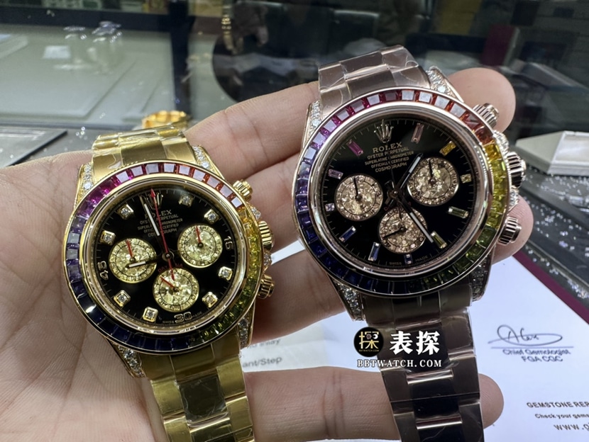 劳力士宇宙计型迪通拿真金真钻定制超A高仿手表男士彩虹迪钢带款正面实拍图