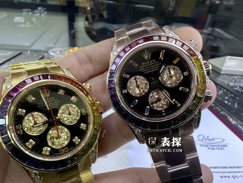 劳力士宇宙计型迪通拿真金真钻定制超A高仿手表男士彩虹迪钢带款正面实拍图