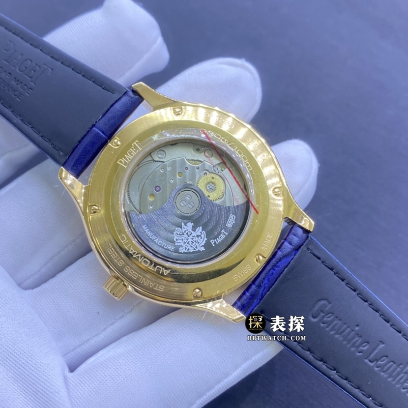 伯爵真金真钻定制顶级一比一高仿手表男士白盘镶钻皮带款背面实拍图